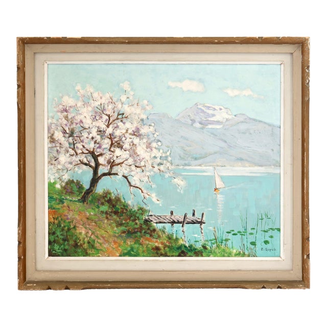 French Painting of Sailboat & Flowering Tree For Sale