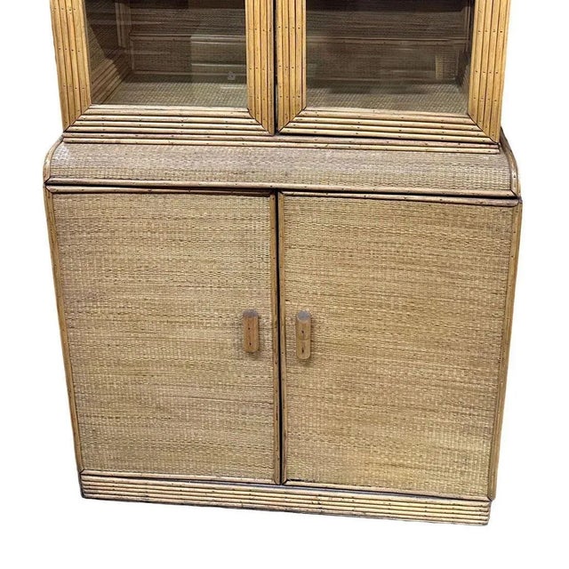 Yellow 1930s Restored Art Deco Stick Rattan & Grass Mat China Cabinet/Etagere For Sale - Image 8 of 11