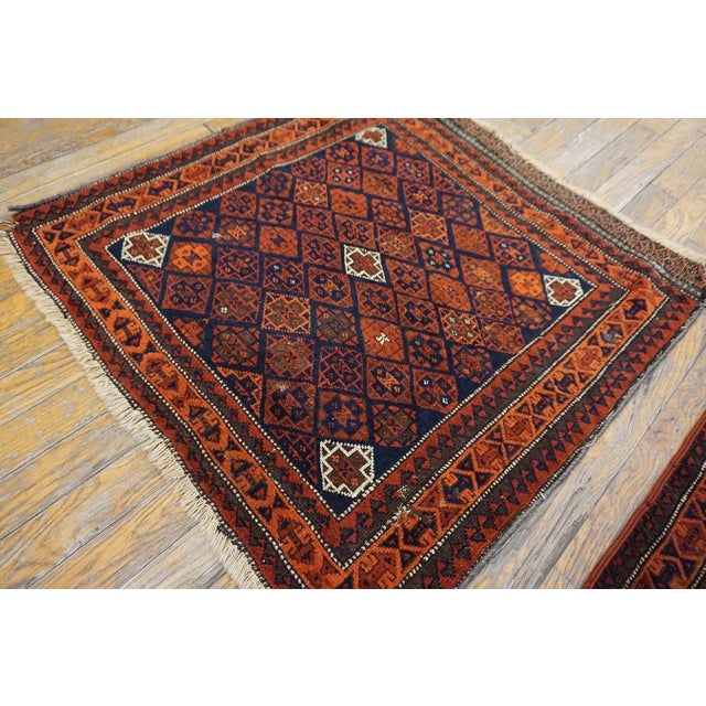 Wine 1890s Red Wine Geometric Antique Pair of Persian Baluch Carpets 2'7" X 2'7" Knotted Wool Rugs For Sale - Image 8 of 10