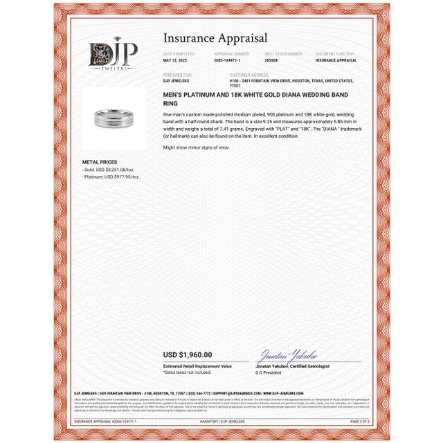 Men’s Platinum and 18k White Gold Diana Wedding Band Ring, Size 9.25 For Sale In Houston - Image 6 of 6