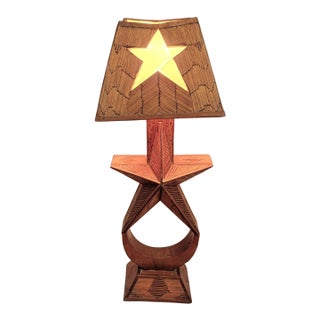 Tramp Art American Folk Art Matchstick Table Lamp With Star Motif For Sale