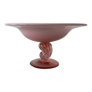 Vintage Pink Empoli Murano Style Cased Glass Compote Bowl or Centerpiece 1980s