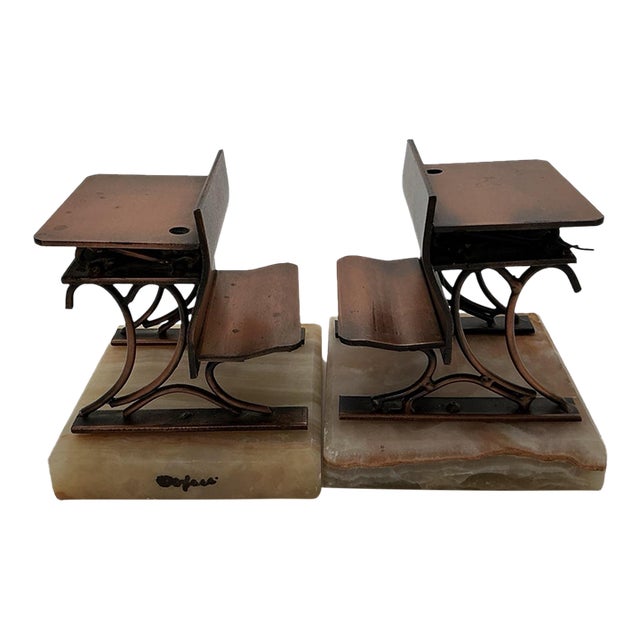 1972 C. Jere School Desk Bookends Pair Copper Onyx Bases Signed Artisan Hous For Sale