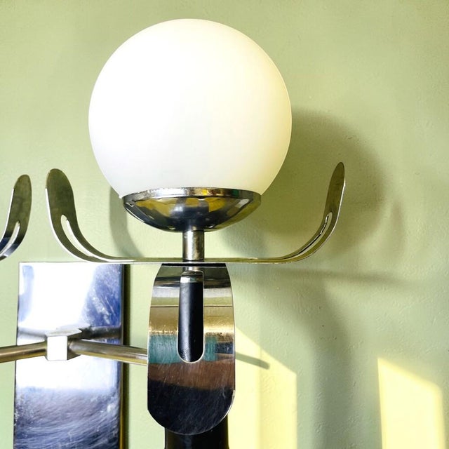 Portuguese Brutalist Double Wall Sconces with Opaline Glass Lampshades, 1980s, Set of 2 For Sale - Image 9 of 12