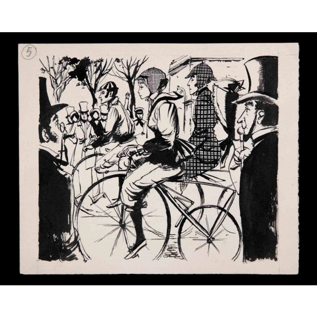 Bike People is an original China Ink Drawing realized by Norbert Meyre. The little artwork on a yellowed paper is in good...
