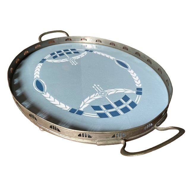 Circa 1905 Villeroy & Boch Dresden Secessionist serving tray featuring a hand-decorated porcelain tile inset within a...