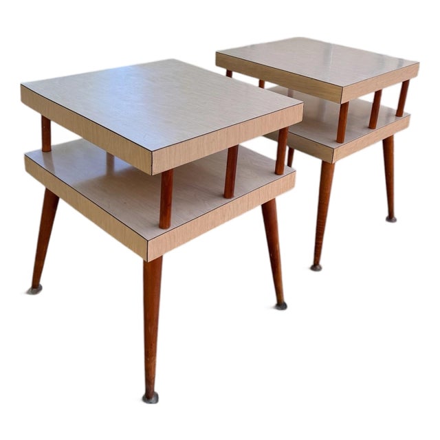 Vintage MCM End Tables Pair Two Tier Formica Tapered Legs Brass Feet For Sale