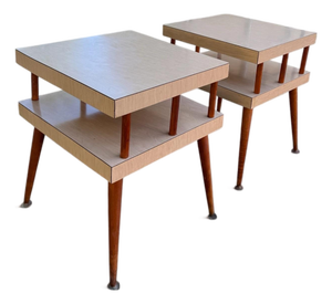 Vintage MCM End Tables Pair Two Tier Formica Tapered Legs Brass Feet