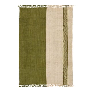 Modern Color-Blocked Kilim: Sage & Cream Flatweave Wool Area Rug 8x12 For Sale