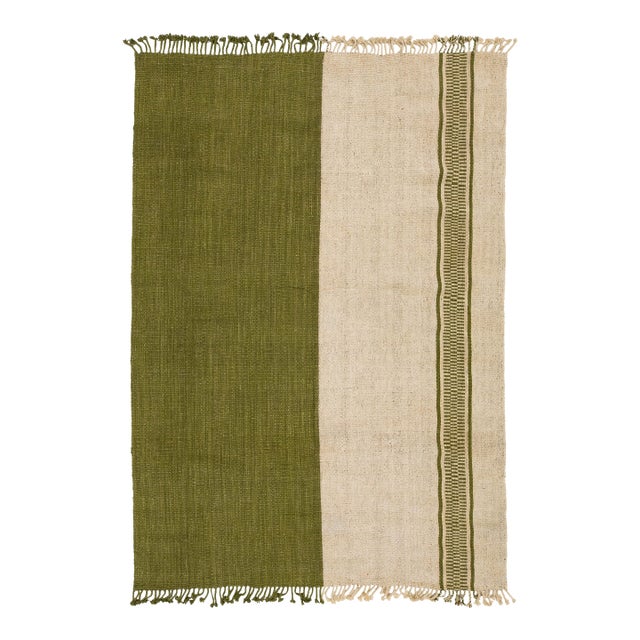 Modern Color-Blocked Kilim: Sage & Cream Flatweave Wool Area Rug 8x12 For Sale