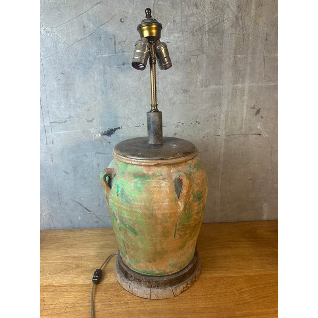 Vintage Rustic Terracotta Olive Jar Table Lamp Green Patina Wood Base For Sale - Image 11 of 11