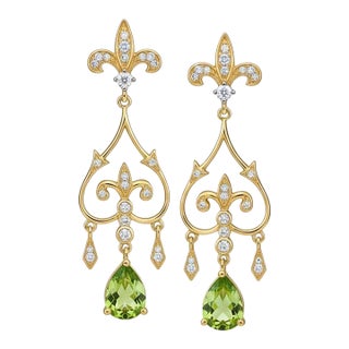 Fleur De Lis Chandelier Earrings Studs With Peridot in Silver, Gold, A Pair For Sale