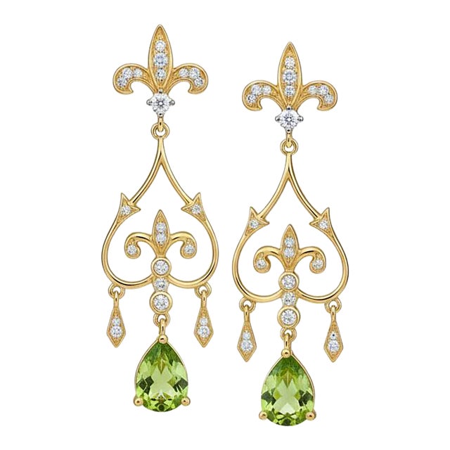 Fleur De Lis Chandelier Earrings Studs With Peridot in Silver, Gold, A Pair For Sale