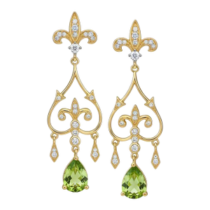 Fleur De Lis Chandelier Earrings Studs With Peridot in Silver, Gold, A Pair