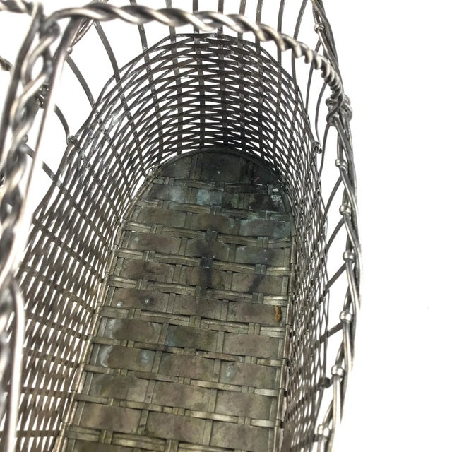 Metal Vintage Handmade Woven Silverplate Wine Bottle Basket For Sale - Image 7 of 11