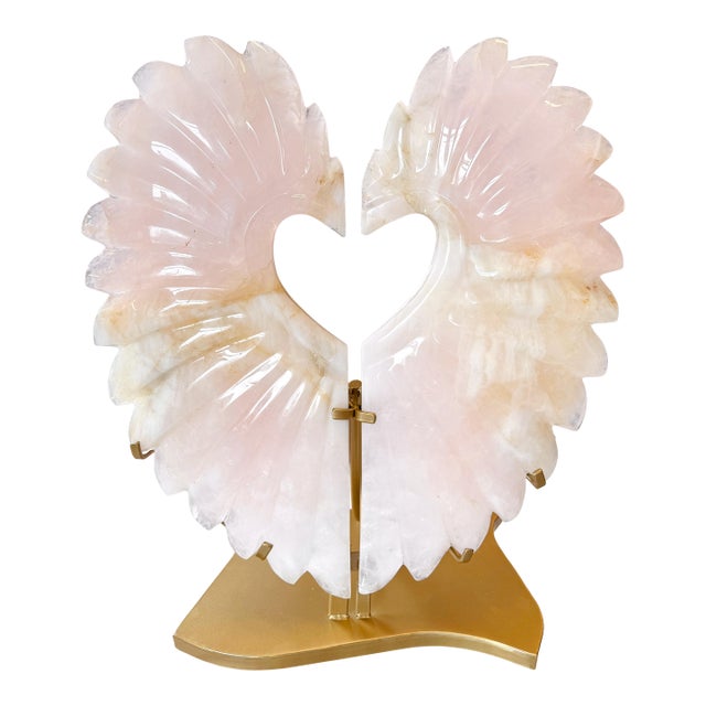 Monumental Rose Quartz “Winged Form” Sculpture With Golden Healer Inclusions – 28.5” Statement Piece For Sale