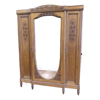 Vintage Carved Wood Armoire With Mirrored Door For Sale