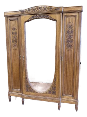 Vintage Carved Wood Armoire With Mirrored Door