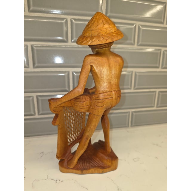 Mid-Century Balinese Art Deco Seated Fisherman With Cast Net Sculpture For Sale - Image 11 of 12