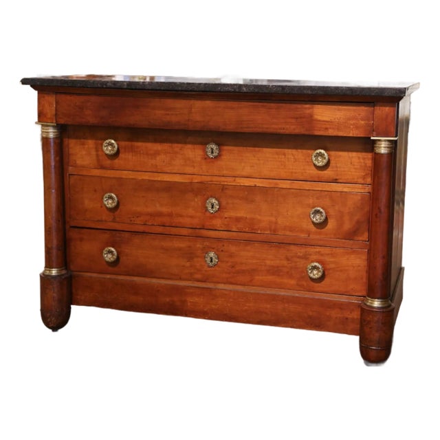19th Century French Empire Marble Top Carved Walnut Commode Chest of Drawers For Sale