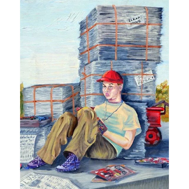 Figurative Mid 20th Century "The Paper Boy and His Comics" Figurative Oil Painting by Louise Miller Clark For Sale - Image 3 of 6