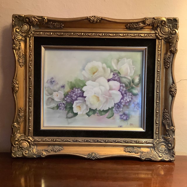 Custom Framed Hand Painted Porcelain Plaque Featuring White Cabbage Roses & Lavenders by Rose Reck For Sale In New York - Image 6 of 13