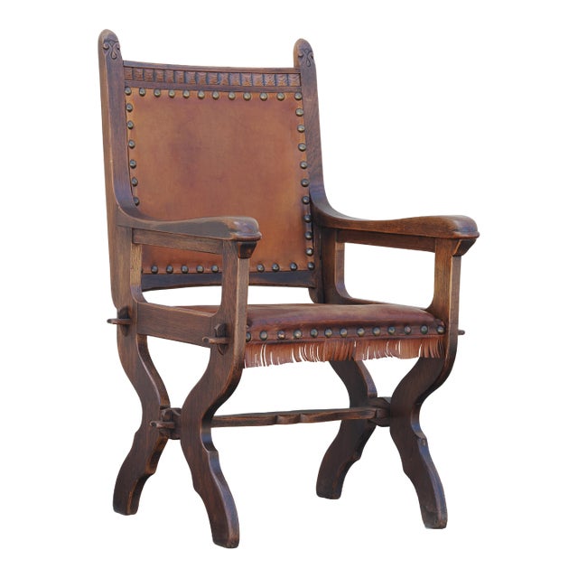 Early 20th Century English Gothic Arts & Crafts Wood and Leather Arm Chair For Sale