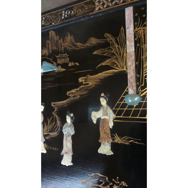 Antique Chinoiserie Black Accent Table Asian Design Geisha Glass Top For Sale - Image 10 of 14