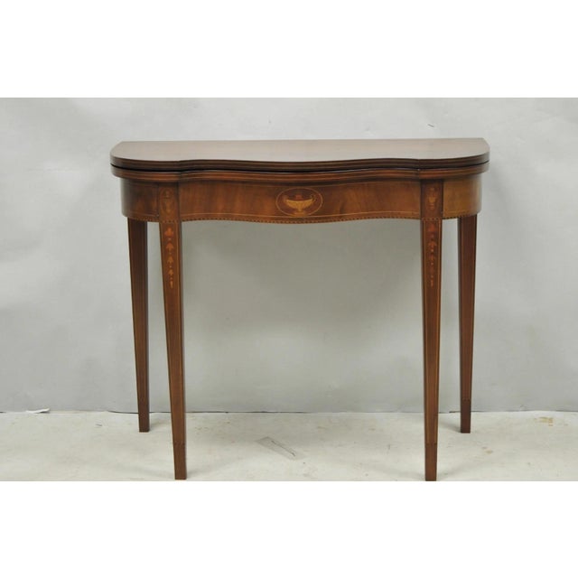 Antique Sheraton/Federal Style Mahogany Pinwheel & Urn Inlay Flip Top Serpentine Front Console Game Table. Circa Early...