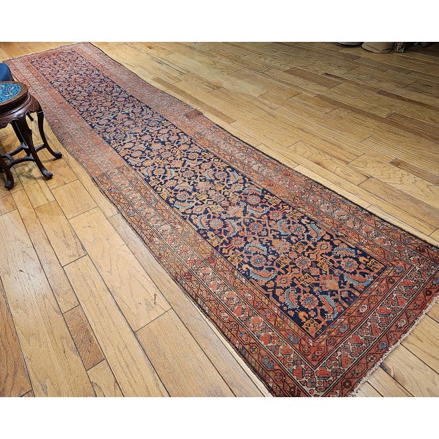 Textile 19th Century Persian Malayer Runner Rug, Hand-Knotted Wool, Geometric Pattern, 4x 16, Rust-Red & Blue For Sale - Image 7 of 16