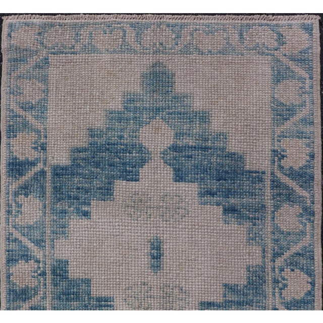 Dove Gray Modern Turkish Oushak Rug Blue and Beige Geometric Design 2'6 X 3'8 For Sale - Image 8 of 10