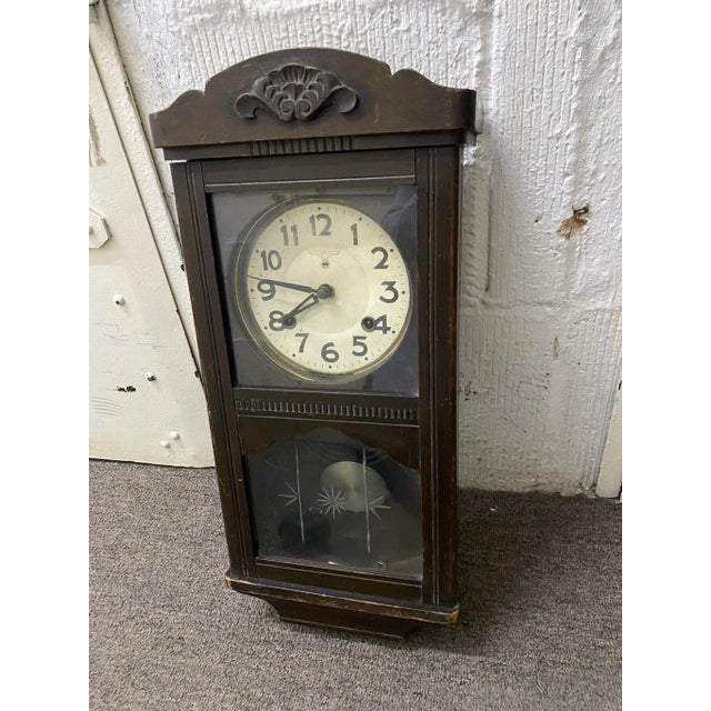 Vintage Traditional Mahogany Wall Clock With Handcarved Details For Sale - Image 10 of 12