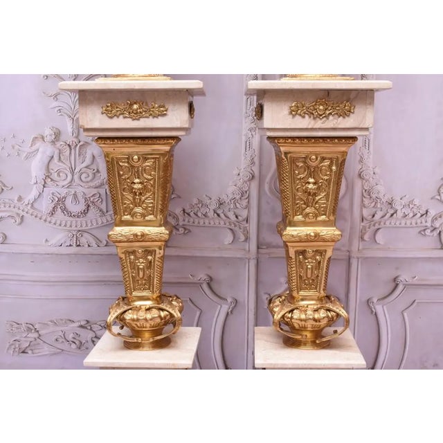 Pair of Large Neoclassical Beige Marble and Ormolu Bronze Urn Amphorae With Matching Pedestals For Sale - Image 10 of 16
