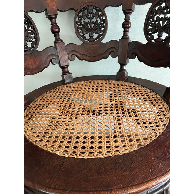 Pair of 19th Century Dutch Colonial Teakwood Burgomaster Chairs With Caned Swivel Seats For Sale - Image 4 of 12