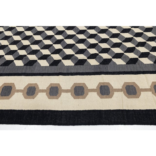 2020s Modernist Navajo Style Geometric Flatweave Wool Rug With Optical Cube Pattern For Sale - Image 5 of 12