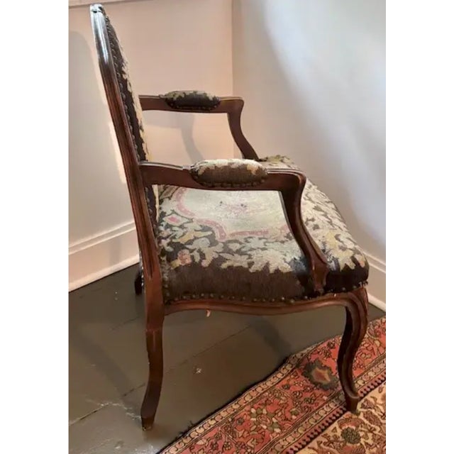 Wood Antique 19th Century French Louis XV Needlepoint Bergere, Fauteuil Chair With Bird and Dog Motif and Velvet Back For Sale - Image 7 of 10