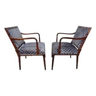 Vintage Faux Bamboo Armchairs With Geometric Upholstery – Set of 2 For Sale
