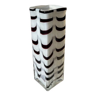 16 In. Tall Rectangular Art Glass Milk White Vase Wavy Purple-Brown Zebra Stripe Pattern For Sale