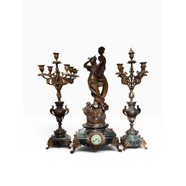 Antique French Bronze & Marble Art Nouveau Clock Set - La Nuit Madrassi. Candelabras Measures : W:8 D:6 H : 32