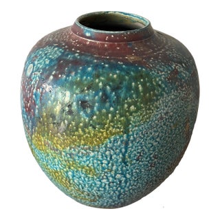 Raku Studio Pottery Vase Copper Blue Luster Glaze Signed For Sale