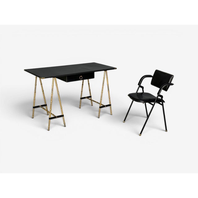 Jacques Adnet Attr., Folding Chair, Black Leather, Brass, France, 1950s For Sale - Image 9 of 10