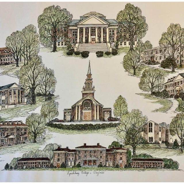 A charming late 20th-century hand-colored architectural print by artist Liz Bryant, depicting a collection of notable...