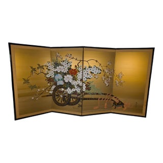 Attributed Okuda Hōgen (Hōen) Japanese Hanaguruma Four-Panel Byōbu Folding Screen on Gold Silk, Early 20th Century For Sale