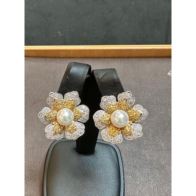 Vintage Diamond South Sea Pearl Platinum Large Flower Clip on Earrings, Two tone Beautiful estate piece The Earrings are...