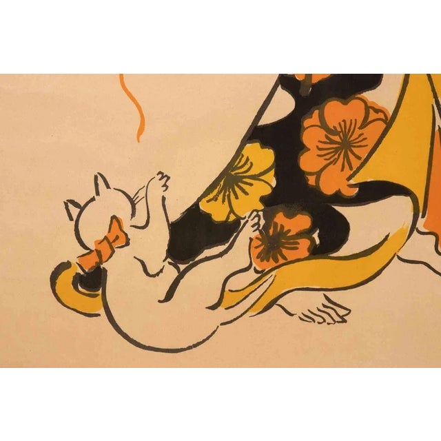 Leonard Tsuguharu Foujita, Geisha Playing with a Kitten, Lithograph, 1926 For Sale - Image 3 of 5