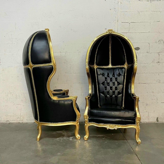 French Balloon Chair French Style Black Leather High-Back Canopy Lacquer Chair Set of 2 For Sale - Image 3 of 9