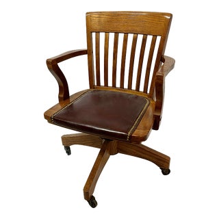 Vintage Oak Swivel Rolling Banker's Chair W/Leather Seat For Sale