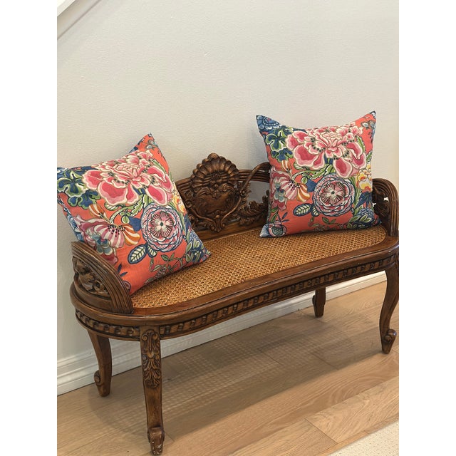 Vintage Hand-Carved Cane Bench With Ornate Floral Crest For Sale In Dallas - Image 6 of 7