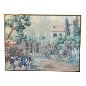 Seaside Cottage Sailing Large Vintage Original Painting by Reynolds