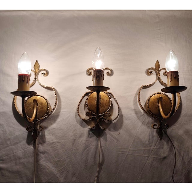 Wrought Iron and Gold Leaf Wall Lights, 1960s, Set of 3 For Sale - Image 12 of 13
